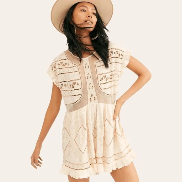 Free People Pants - Free People Ivory Between Dreams Embroidered Romper Women's Size Medium NWT